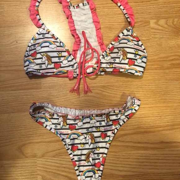 Hot Pink Ruffle Unicorn Bikini Thong High Waisted - Picture 3 of 4